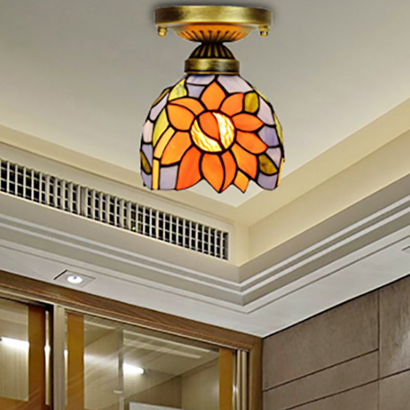 Rustic Orange Sunflower Stained Glass Flush Ceiling Light - 6-Inch, 1 Head - Ideal for Corridor