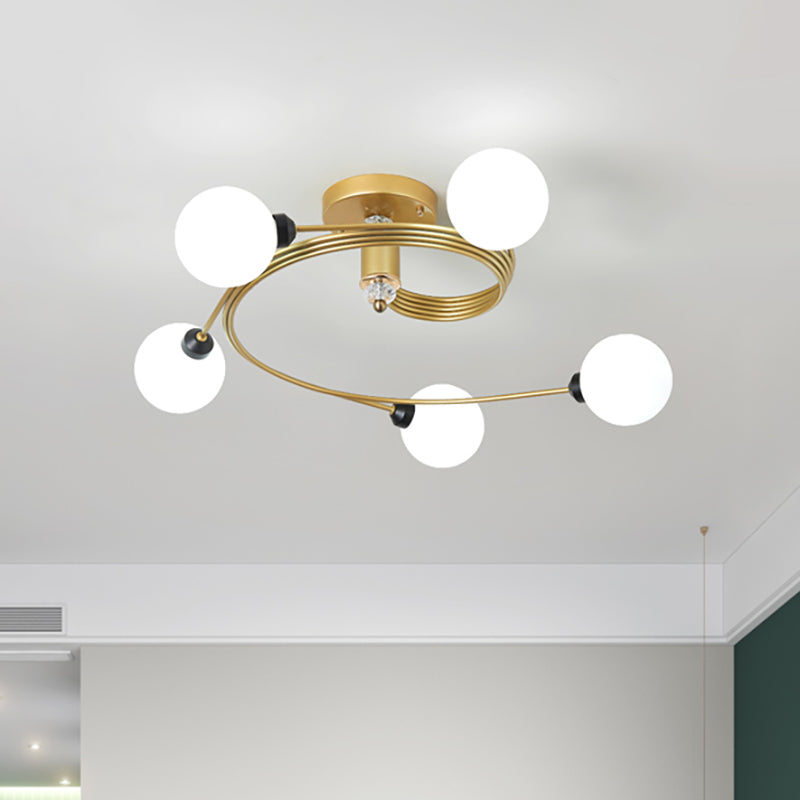 Sleek Gold Spiral Semi Flush Ceiling Light - Nordic Style with 3/5 Lights & Clear/Milk/White Glass Shade