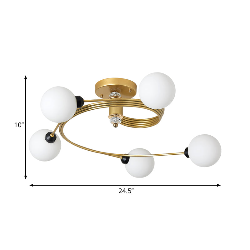 Sleek Gold Spiral Semi Flush Ceiling Light - Nordic Style with 3/5 Lights & Clear/Milk/White Glass Shade