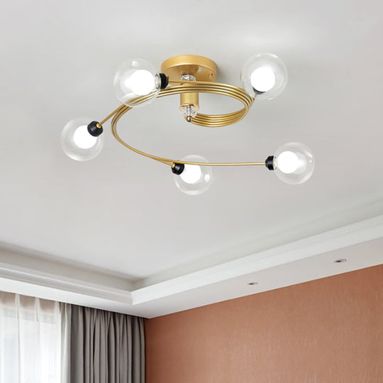 Sleek Gold Spiral Semi Flush Ceiling Light - Nordic Style with 3/5 Lights & Clear/Milk/White Glass Shade