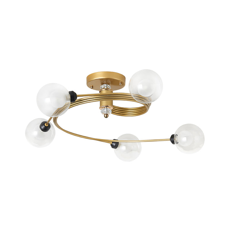 Gold Spiral Semi Flush Nordic Ceiling Light With Clear/Milk/White Glass Shades - 3/5 Lights