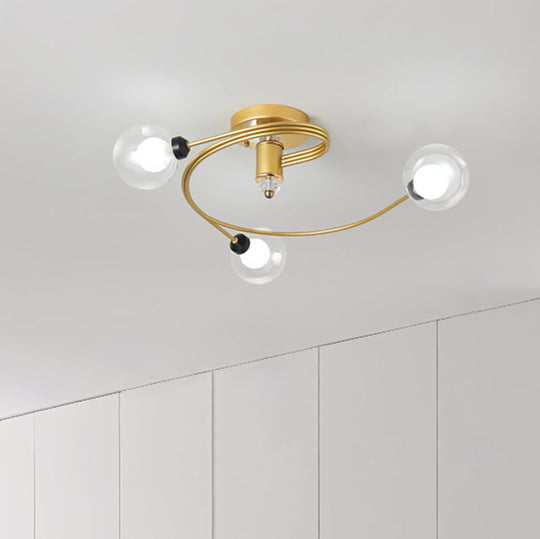 Sleek Gold Spiral Semi Flush Ceiling Light - Nordic Style with 3/5 Lights & Clear/Milk/White Glass Shade