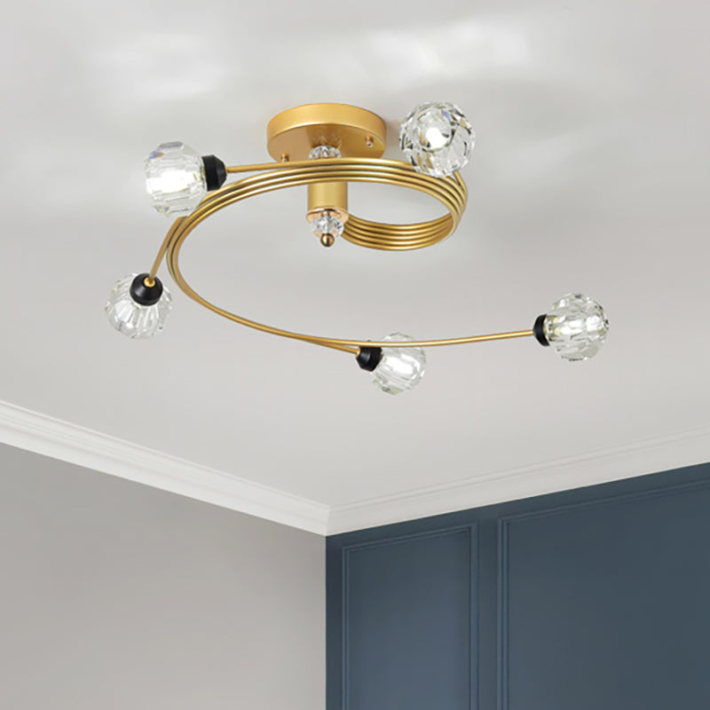 Sleek Gold Spiral Semi Flush Ceiling Light - Nordic Style with 3/5 Lights & Clear/Milk/White Glass Shade