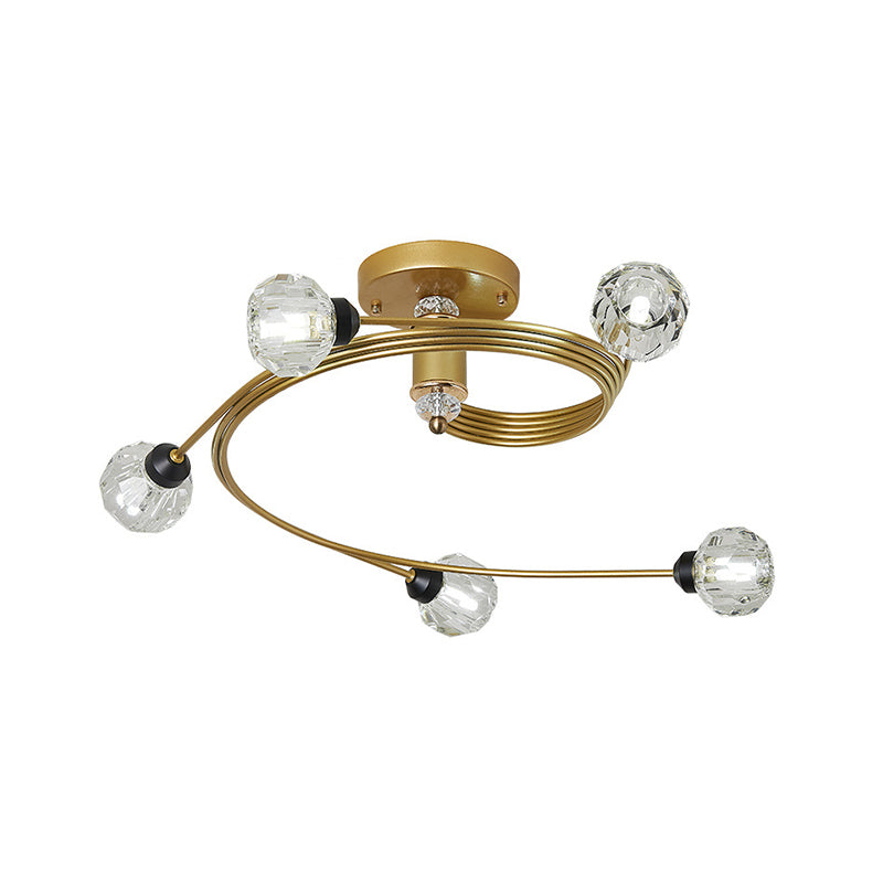 Sleek Gold Spiral Semi Flush Ceiling Light - Nordic Style with 3/5 Lights & Clear/Milk/White Glass Shade