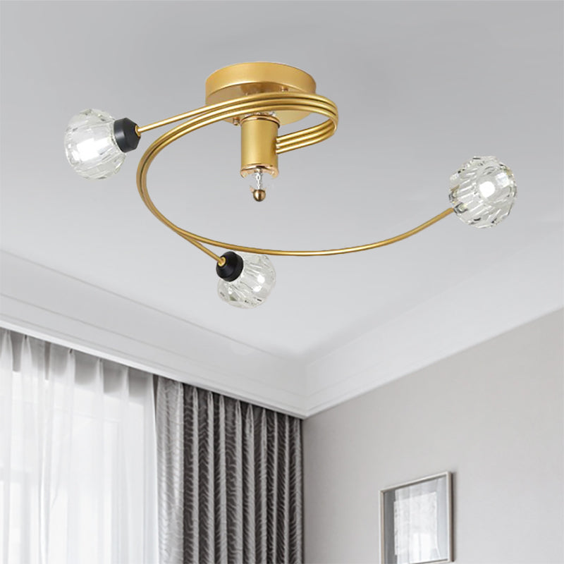 Sleek Gold Spiral Semi Flush Ceiling Light - Nordic Style with 3/5 Lights & Clear/Milk/White Glass Shade