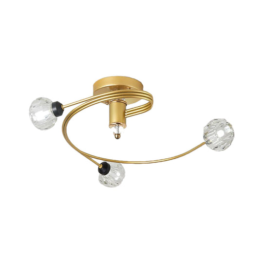 Sleek Gold Spiral Semi Flush Ceiling Light - Nordic Style with 3/5 Lights & Clear/Milk/White Glass Shade