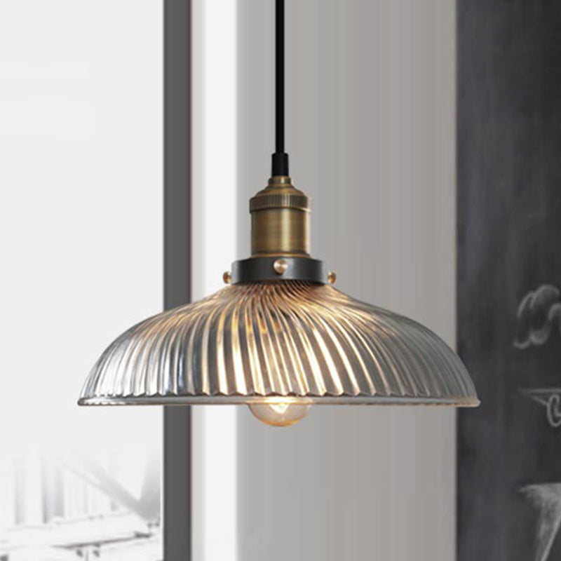 Industrial Dome-Shaped Ribbed Glass Pendant Light - 1-Light Ceiling Lamp For Coffee Shop In Brass