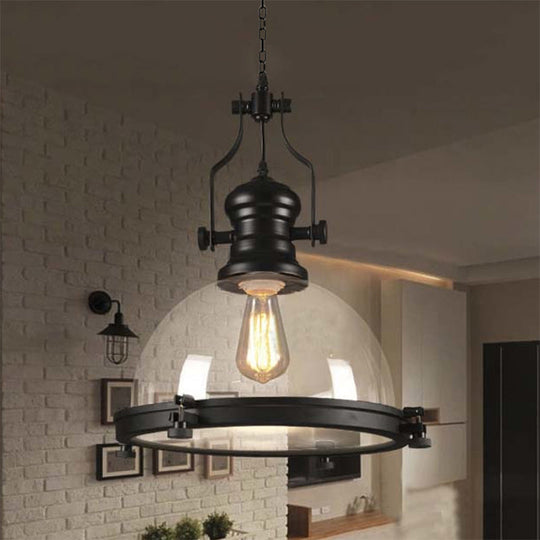 Coastal Black Dome Pendant Light With Clear Glass - Single-Bulb Hanging Lamp For Dining Room