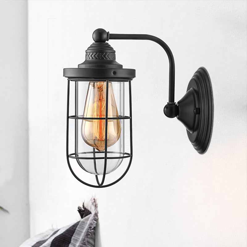 Industrial Black Wire Cage Wall Sconce Light For Stairway - Clear Glass 1/2-Bulb Fixture