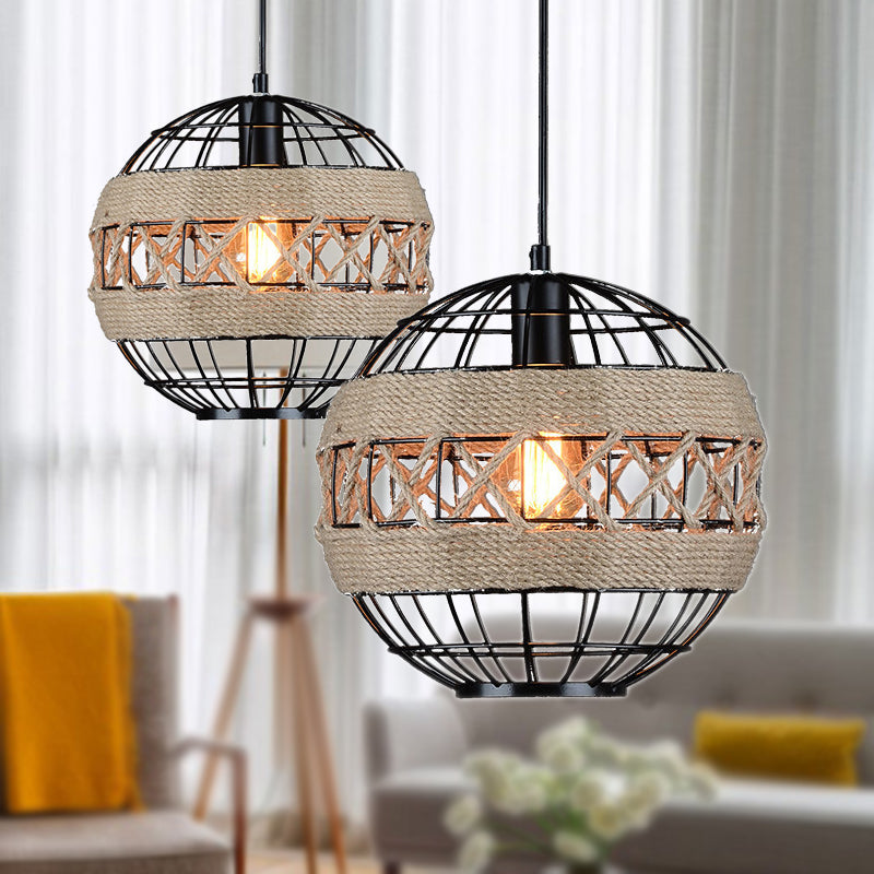 Sleek Sphere Pendant Light with Metal Frame and Rope Detail - Rustic 1-Light, Black