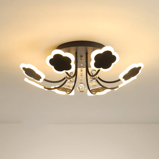 Semi-Mount Petal-Shaped Acrylic Led Ceiling Lamp With Crystal Draping - Black/White 23/27 Width