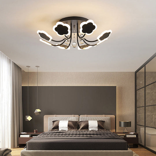 Semi-Mount Petal-Shaped Acrylic Led Ceiling Lamp With Crystal Draping - Black/White 23/27 Width