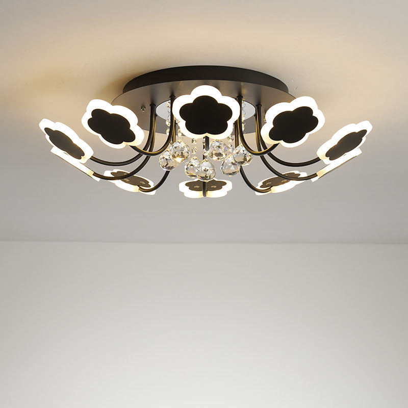 Semi-Mount Petal-Shaped Acrylic LED Ceiling Lamp with Crystal Draping - Black/White, 23"/27" Width, Warm/White Light