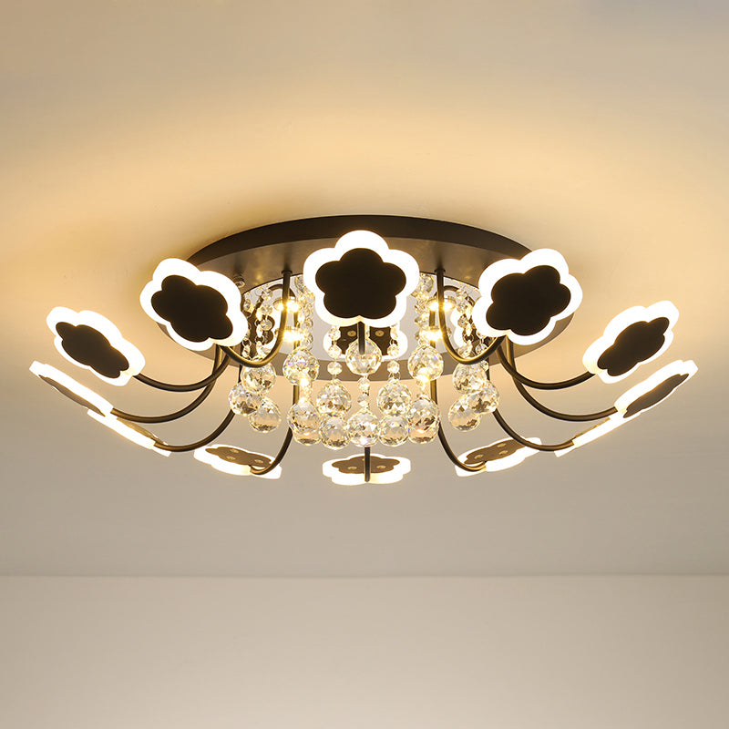 Semi-Mount Petal-Shaped Acrylic LED Ceiling Lamp with Crystal Draping - Black/White, 23"/27" Width, Warm/White Light