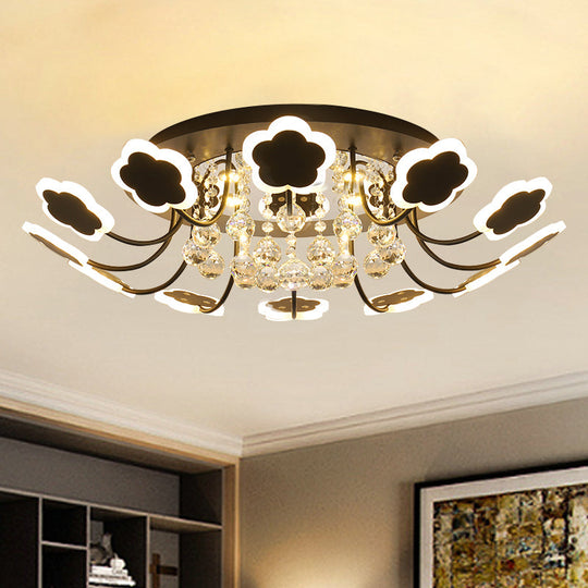 Semi-Mount Petal-Shaped Acrylic LED Ceiling Lamp with Crystal Draping - Black/White, 23"/27" Width, Warm/White Light