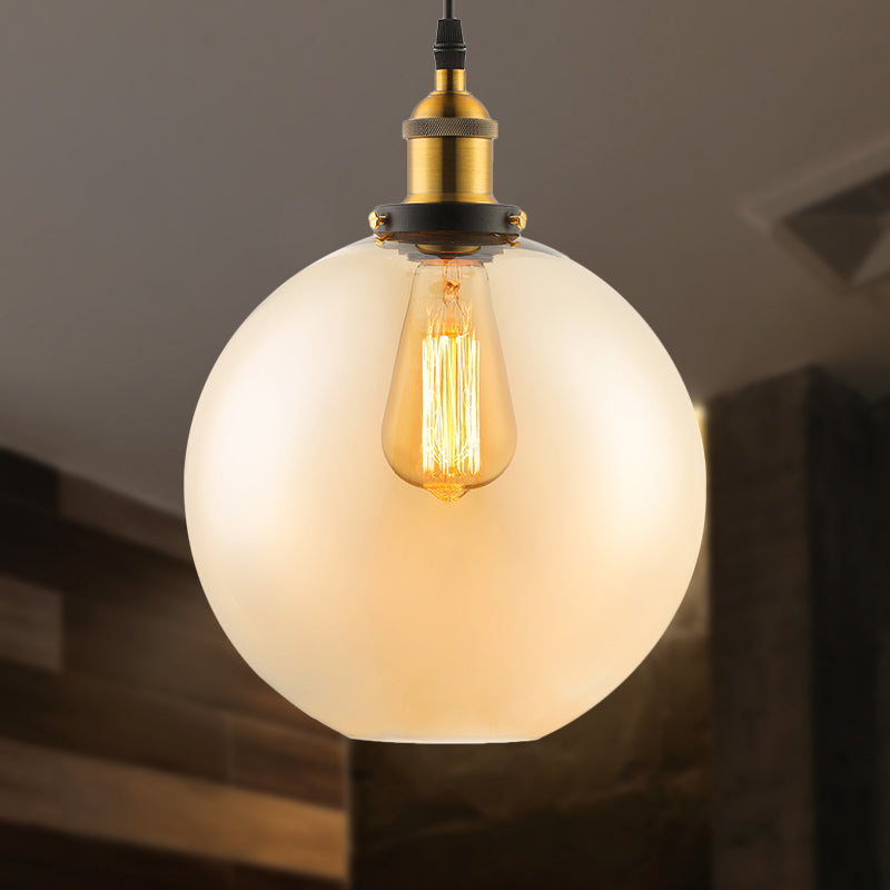 Industrial Single Light Globe Pendant - Clear Glass Hanging Lamp in Grey/Brown (8"/10"/12" Wide)