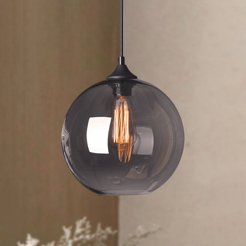 Industrial Single Light Globe Pendant - Clear Glass Hanging Lamp in Grey/Brown (8"/10"/12" Wide)