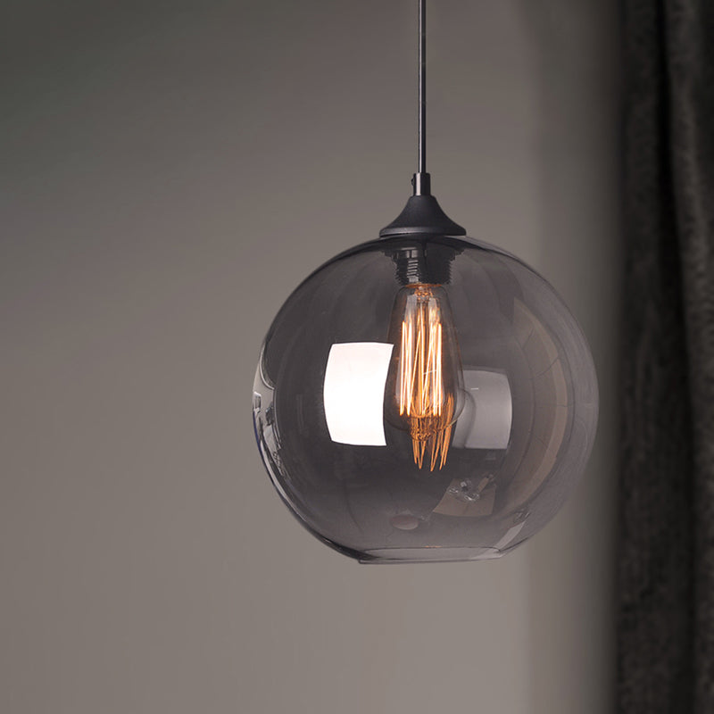 Industrial Single Light Globe Pendant - Clear Glass Hanging Lamp in Grey/Brown (8"/10"/12" Wide)