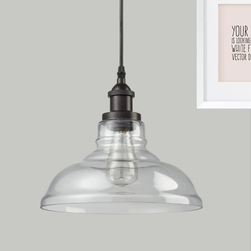 Black Industrial Pendant Light With Clear Glass Barn Shade - Indoor Hanging Lamp