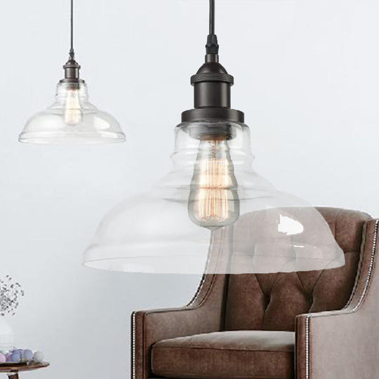 Black Industrial Pendant Light With Clear Glass Barn Shade - Indoor Hanging Lamp