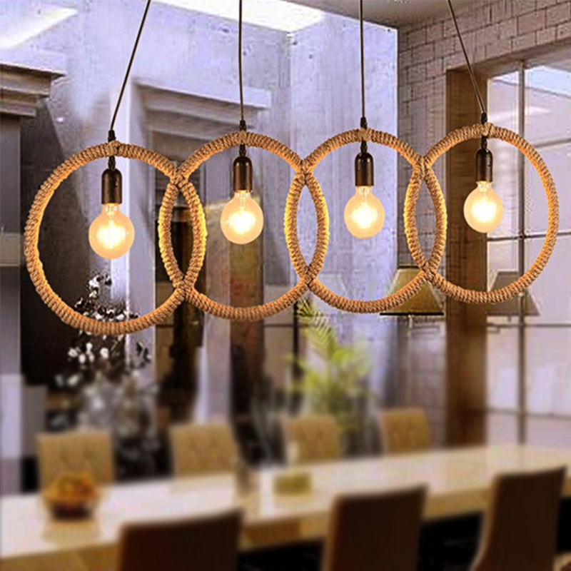 Manila Rope Lodge Style Black Finish 4-Ring Ceiling Pendant With 4 Lights For Coffee Shop