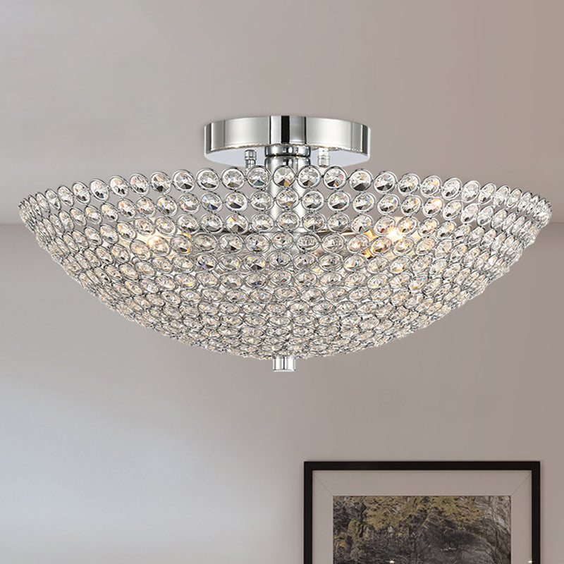 Contemporary Triple Light Chrome Flush Mount Ceiling Light with Clear K9 Crystal Bowl