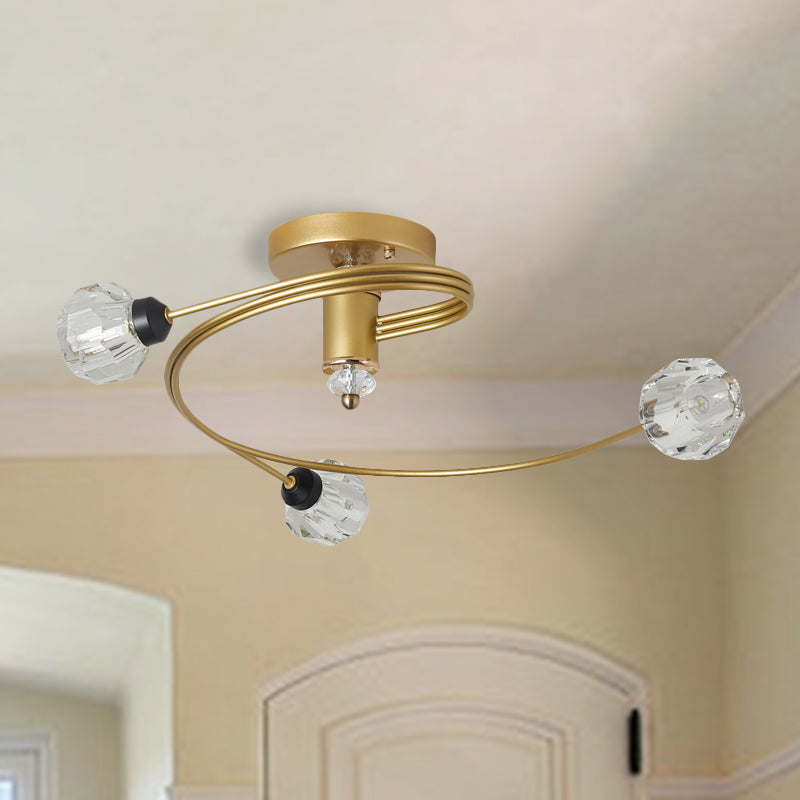 Spiral Semi Flush Traditional Glass/Crystal Bedroom Ceiling Light Fixture - Brass Finish