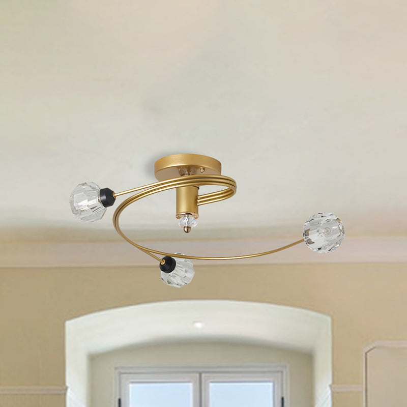 Spiral Semi Flush Traditional Glass/Crystal Bedroom Ceiling Light Fixture - Brass Finish