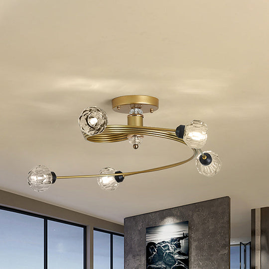 Spiral Semi Flush Traditional Glass/Crystal Bedroom Ceiling Light Fixture - Brass Finish