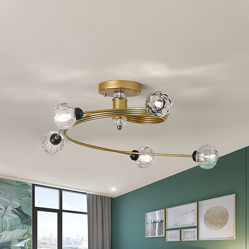 Spiral Semi Flush Traditional Glass/Crystal Bedroom Ceiling Light Fixture - Brass Finish