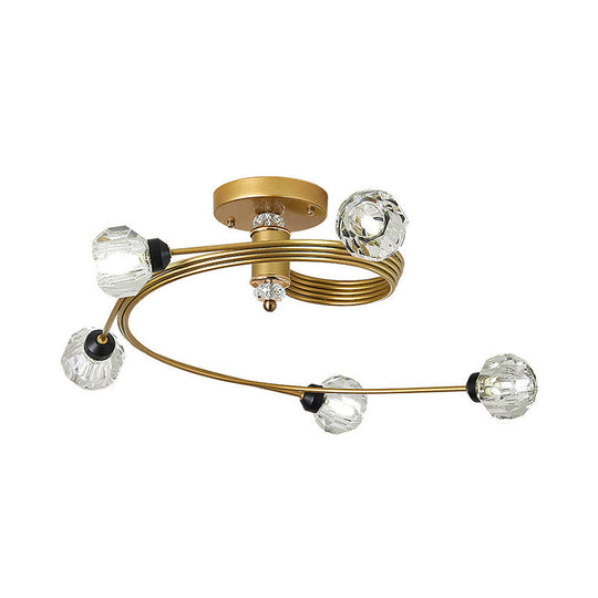 Spiral Semi Flush Traditional Glass/Crystal Bedroom Ceiling Light Fixture - Brass Finish