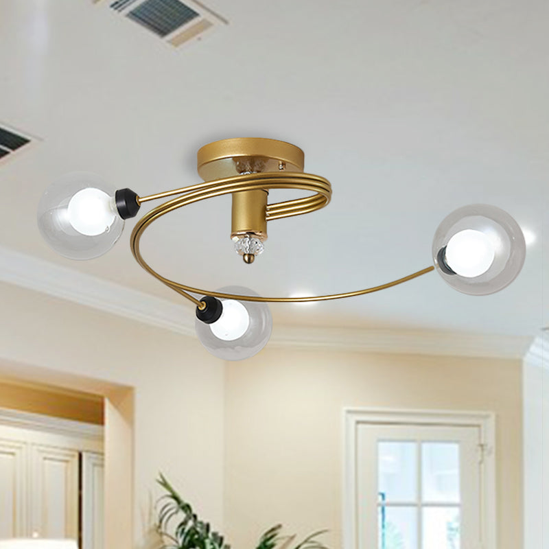 Spiral Semi Flush Traditional Glass/Crystal Bedroom Ceiling Light Fixture - Brass Finish / D