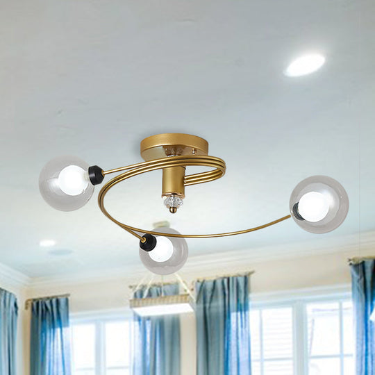 Spiral Semi Flush Traditional Glass/Crystal Bedroom Ceiling Light Fixture - Brass Finish