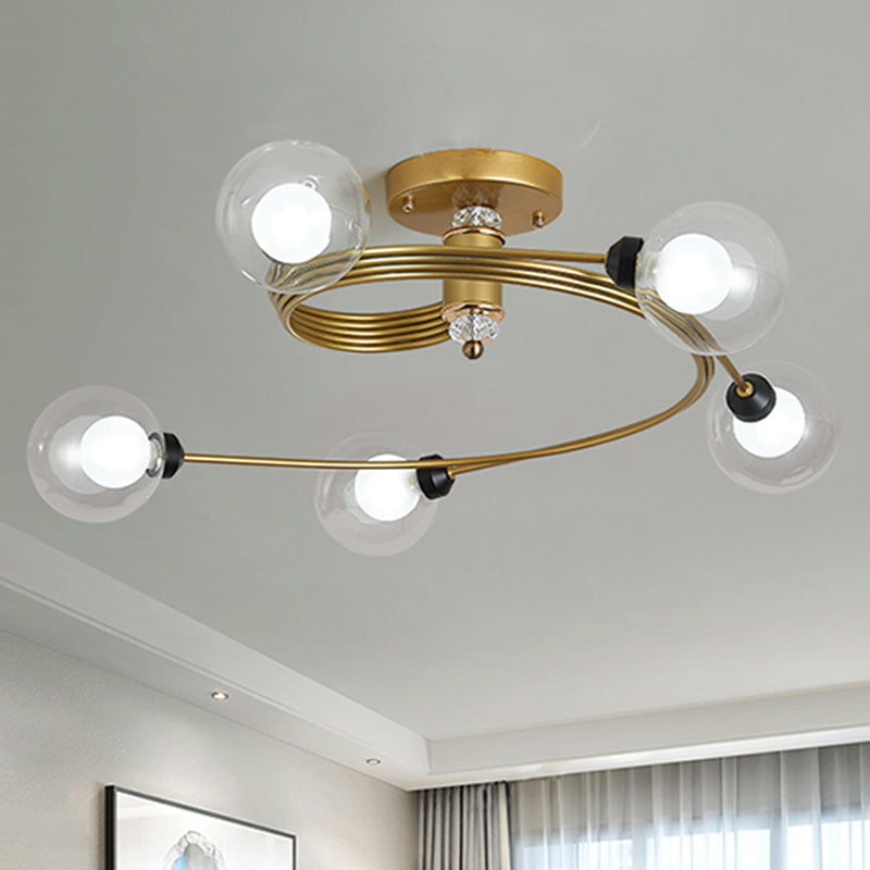 Spiral Semi Flush Traditional Glass/Crystal Bedroom Ceiling Light Fixture - Brass Finish / C