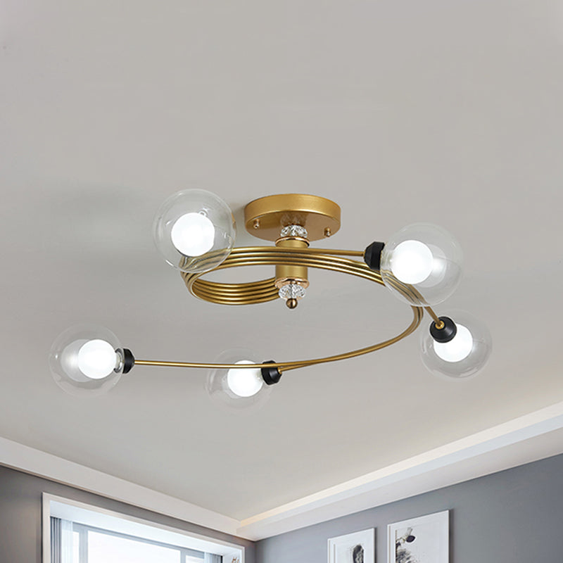 Spiral Semi Flush Traditional Glass/Crystal Bedroom Ceiling Light Fixture - Brass Finish