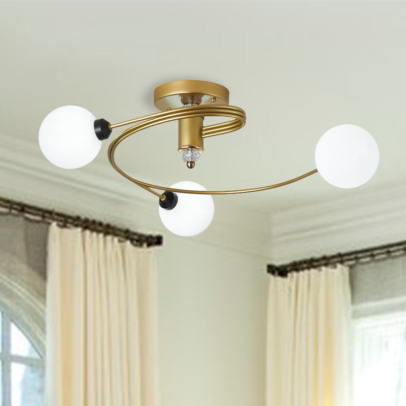 Spiral Semi Flush Traditional Glass/Crystal Bedroom Ceiling Light Fixture - Brass Finish