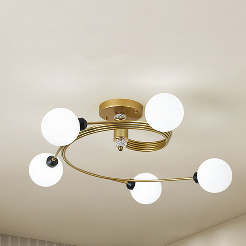 Spiral Semi Flush Traditional Glass/Crystal Bedroom Ceiling Light Fixture - Brass Finish