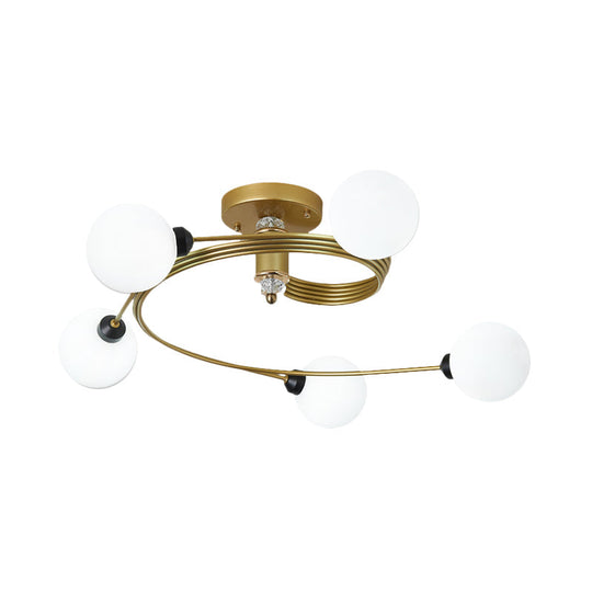 Spiral Semi Flush Traditional Glass/Crystal Bedroom Ceiling Light Fixture - Brass Finish