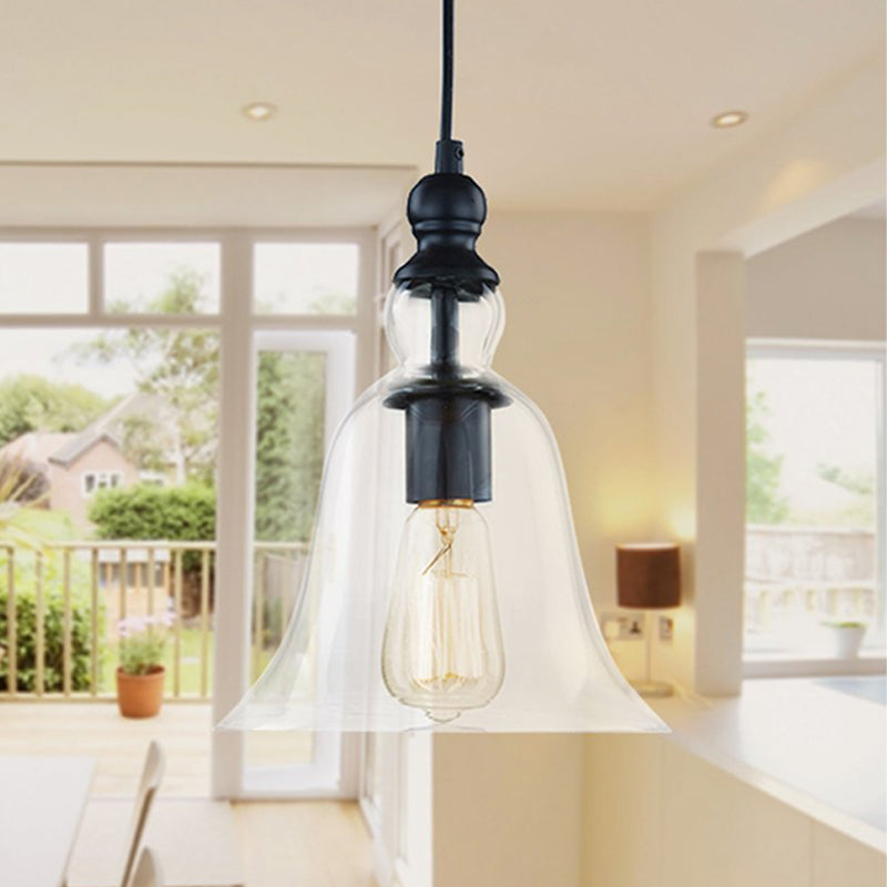 Industrial Flared Ceiling Light - Black And Clear Glass Pendant Lighting Fixture For Dining Room