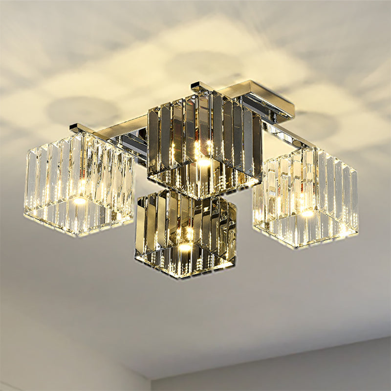 Modern Crystal Cube Flush Ceiling Lamp | Polished Chrome | 4/6/9 Lights