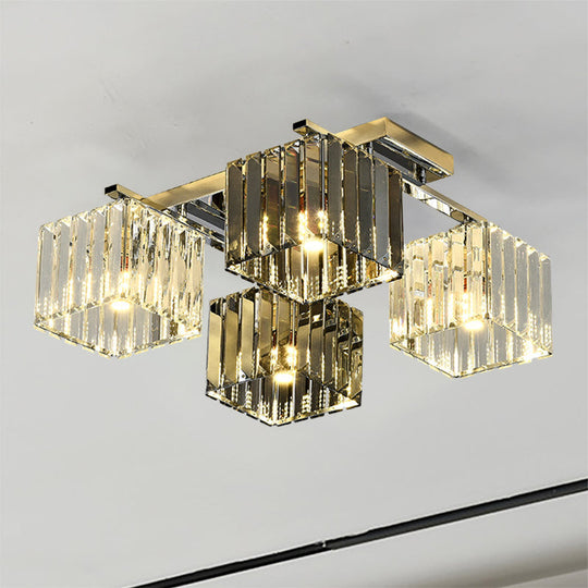 Modern Crystal Cube Flush Ceiling Lamp | Polished Chrome | 4/6/9 Lights