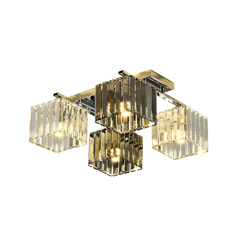 Modern Crystal Cube Flush Ceiling Lamp | Polished Chrome | 4/6/9 Lights