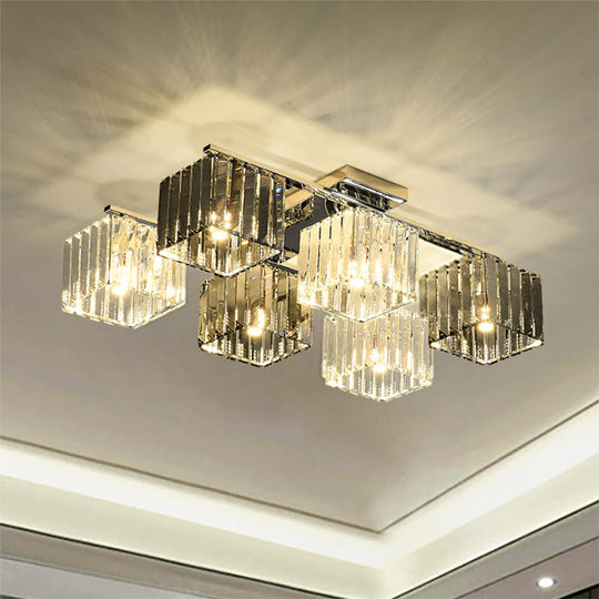 Modern Crystal Cube Flush Ceiling Lamp | Polished Chrome | 4/6/9 Lights