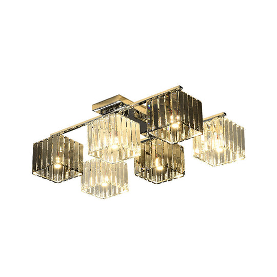 Modern Crystal Cube Flush Ceiling Lamp | Polished Chrome | 4/6/9 Lights