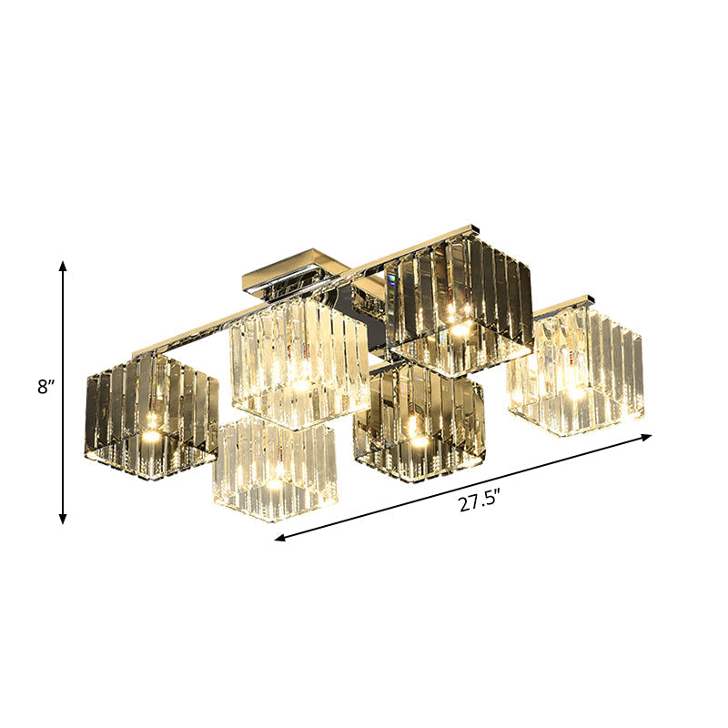 Modern Crystal Cube Flush Ceiling Lamp | Polished Chrome | 4/6/9 Lights