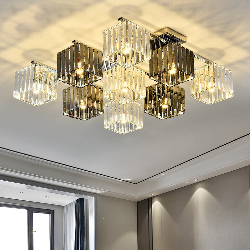 Modern Crystal Cube Flush Ceiling Lamp | Polished Chrome | 4/6/9 Lights