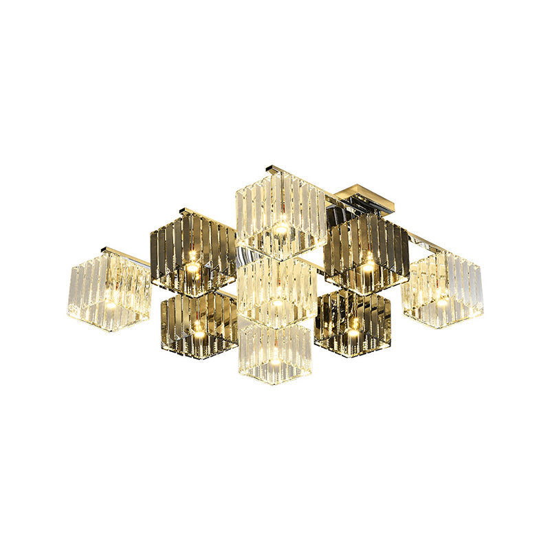 Modern Crystal Cube Flush Ceiling Lamp | Polished Chrome | 4/6/9 Lights