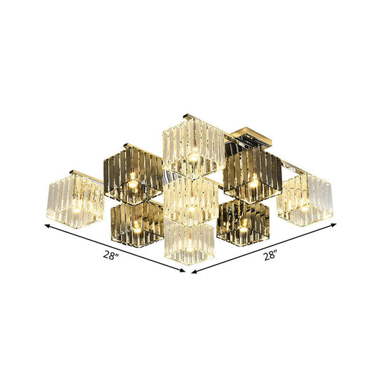 Modern Crystal Cube Flush Ceiling Lamp | Polished Chrome | 4/6/9 Lights