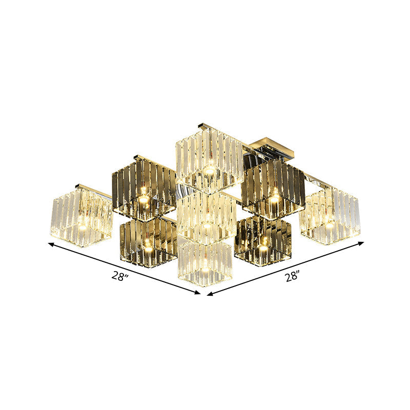 Modern Crystal Cube Flush Ceiling Lamp | Polished Chrome 4/6/9 Lights