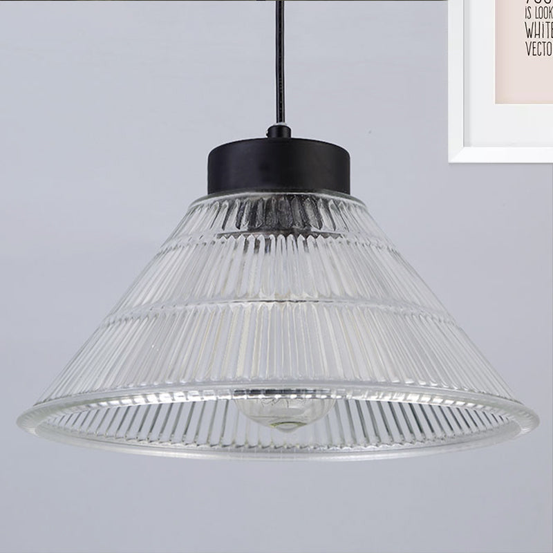 Farmhouse Ribbed Glass Cone Pendant Ceiling Light In Black/Brass Single-Bulb Hanging Lamp For Dining